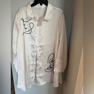 NWT One of a kind! Kaktus White Button Down oversized Shirt with Black Line Art